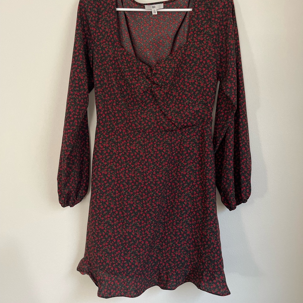 BP Red and Black Floral Long Sleeve Dress